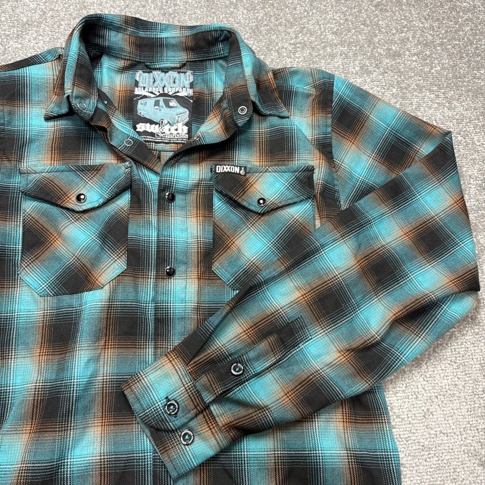 Dixxon Small Switch Suspension Flannel Shirt Turquoise Black Teal Snap Plaid